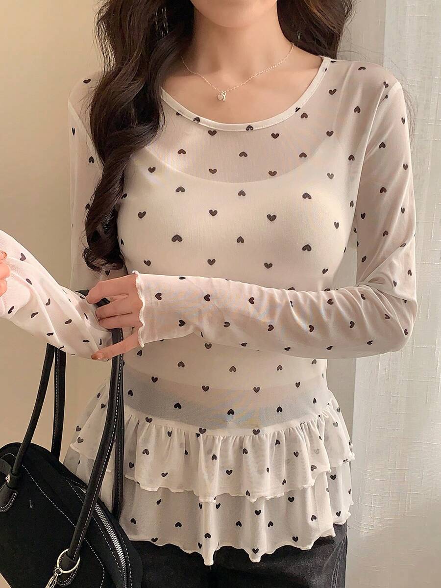 FRIFUL Women's Round Neck Heart Print Ruffle Hem Casual Sheer Long Sleeve Top For Daily Wear - Multicolor - View 1