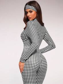 Radiana Women's Houndstooth Printed Casual Unitard Cropped Long Sleeve Zipper Design Stand Collar Jumpsuit - Multicolor - View 8