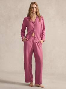 EverLounge 女士休闲翻领长袖睡裤套装 女士家居服长袖家居服套装 粉色睡衣套装 女士粉色睡衣套装 - 玫紅色 - 查看 1