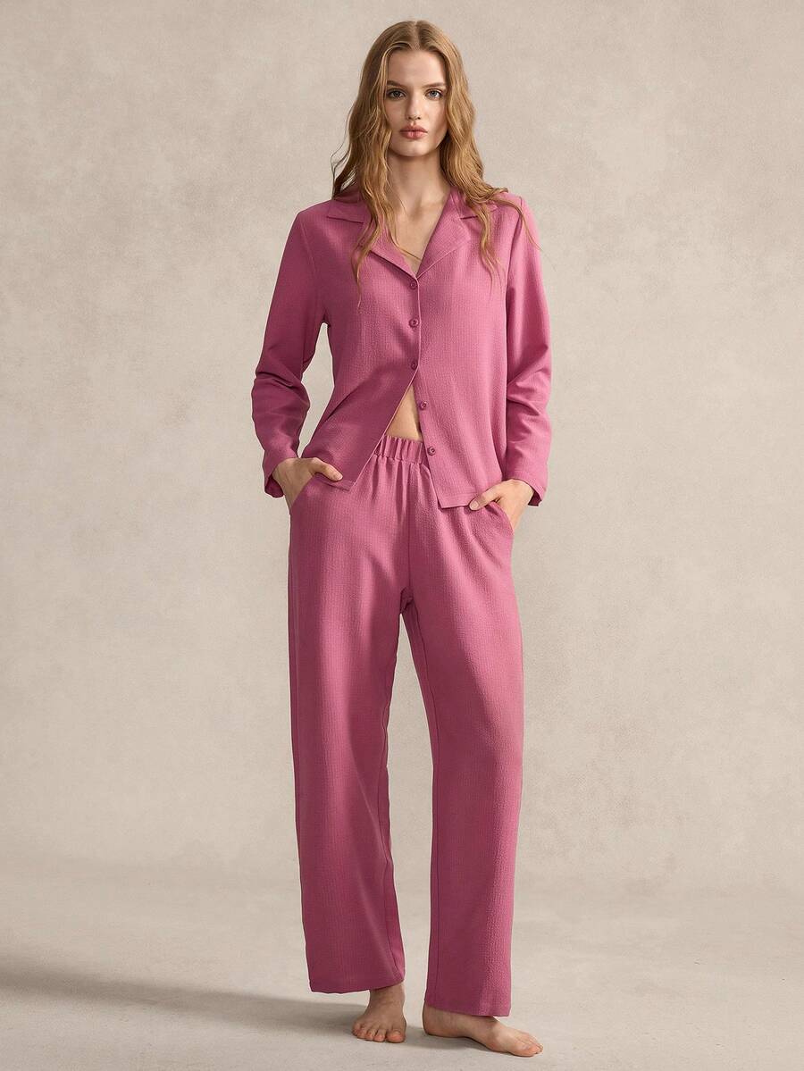 EverLounge 女士休闲翻领长袖睡裤套装 女士家居服长袖家居服套装 粉色睡衣套装 女士粉色睡衣套装 - 玫紅色 - 查看 1