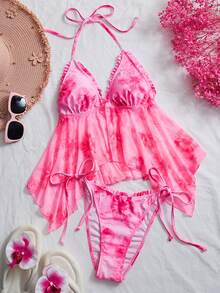 Swim Vcay Women's Floral Random Print Ruffle Spaghetti Strap Two Pieces Bikini Swimwear Set, Suitable For Summer Beach Vacation - Multicolor - View 4
