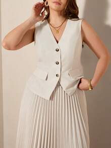 Comfylo 大码女式V领单排扣背心上衣和百褶裙两件套，时尚百搭，适合通勤和办公穿着 - 卡其色 - 查看 7