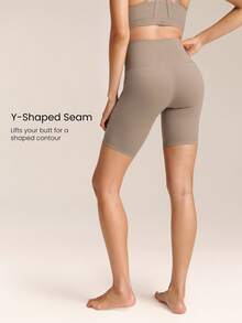 GLOWMODE 8" FeatherFit™ Crossover Biker Shorts Cycling Running Gym Workout - Khaki - View 2
