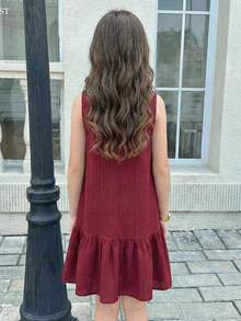 SHEIN Tween Girl Elegant Ruffle Hem Sleeveless Round Neck Dress - Burgundy - View 3