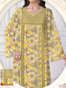 Al Najma 女士复古花卉植物图案，饰以仿水钻领印花V领长袖优雅阿拉伯风长连衣裙，春秋季 - 彩色 - 查看 1