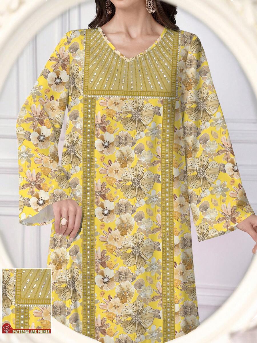 Al Najma 女士复古花卉植物图案，饰以仿水钻领印花V领长袖优雅阿拉伯风长连衣裙，春秋季 - 彩色 - 查看 1