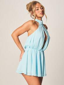 MISSGUIDED Halter Neck Keyhole Front Flowy Romper With Elastic Waist Tie Back Detail Summer Beach Vacation Outfit - Multicolor - View 1