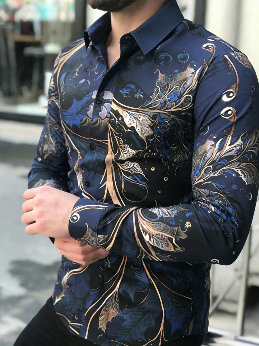 Manfinity AFTRDRK 男士复古印花长袖衬衫，适合春秋季穿着，休闲舒适，可作礼物 - 藏蓝色 - 查看 1