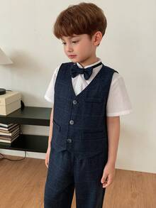 DAZY Young Boys Plaid Minimalist Design Front Button Daily Fashion Gentleman Suit - Navy Blue - View 3