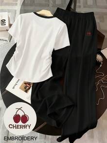 Resyla Women's Letter & Cherry Print Ruffle Round Neck Short Sleeve T-Shirt And Wide Leg Pants Casual 2 Pieces Set - Black - View 2