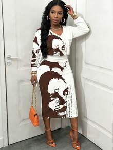 Rovax 女士时尚标语印花上衣和半裙两件套，春夏款 - 彩色 - 查看 3