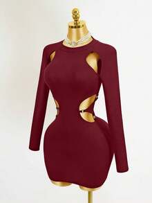 Mistrie 这是一款新款长袖性感少女风低胸不对称露肩修身连衣裙，适合夜间派对和新年正式场合穿着。 - 紅色 - 查看 3