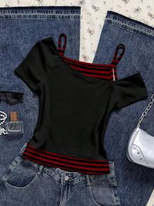 Attitoon 女士休闲复古撞色短袖T恤，Grunge复古时尚Y2K十字翼印花 - 彩色 - 查看 2