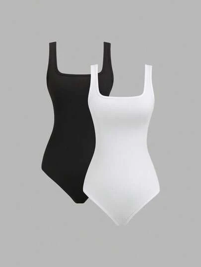 Sweetra 2件装女士纯色罗纹连体衣，修身百搭日常穿着