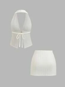 Sweetra Apricot Textured Knit Halter Starfish Pendant Top And Mini Bodycon Skirt Set - Apricot - View 2