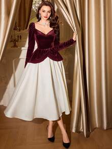 Vintamour Vintage Elegant Women's Velvet & Satin Patchwork Heart Neck Floral Midi Dress Party/Cocktail/Formal Gown Winter Clothes For Women Women's Winter Clothes Winter Outfit For Women Christmas Looks Christmas Outfit For Women Christmas Clothes New Year Clothes New Year Outfit New Year Women Women's Winter Dress Christmas Dresses For Women Christmas Party Dress New Year Dress Elegant Dresses For Party Dresses For Women Elegant Dress - Burgundy - View 3