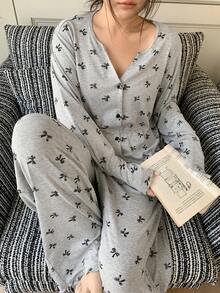 Dazy Plus 2pcs Plus Size Women Casual Bow Print Loose Pajama Set, Comfortable Home Wear For Spring & Autumn - Grey - View 8