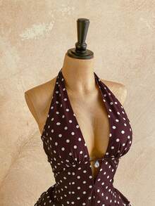 Soleia 女士波点V领镂空腰部荷叶边下摆迷你连衣裙，适合派对、圣诞节、约会、夜店、波西米亚风、度假、秋季等场合。 - 彩色 - 查看 5