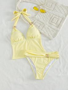 Bonvoyette Summer Vacation Cherry Print Spaghetti Strap Hollow Tie Waist Tankini Swimsuit 2 Pieces Set - Yellow - View 7