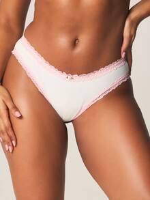 MISSGUIDED Ribbed Thong With Lace Trim Feminine Intimate Underwear Low Rise String Panty Soft - White - View 1