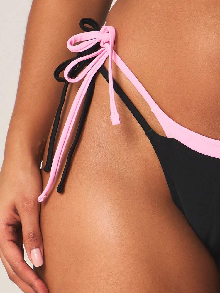 MISSGUIDED Women's Double Layer Tie Side String Bikini Bottoms With Contrast Trim And Adjustable Side Ties For Beach Vacation Swimming