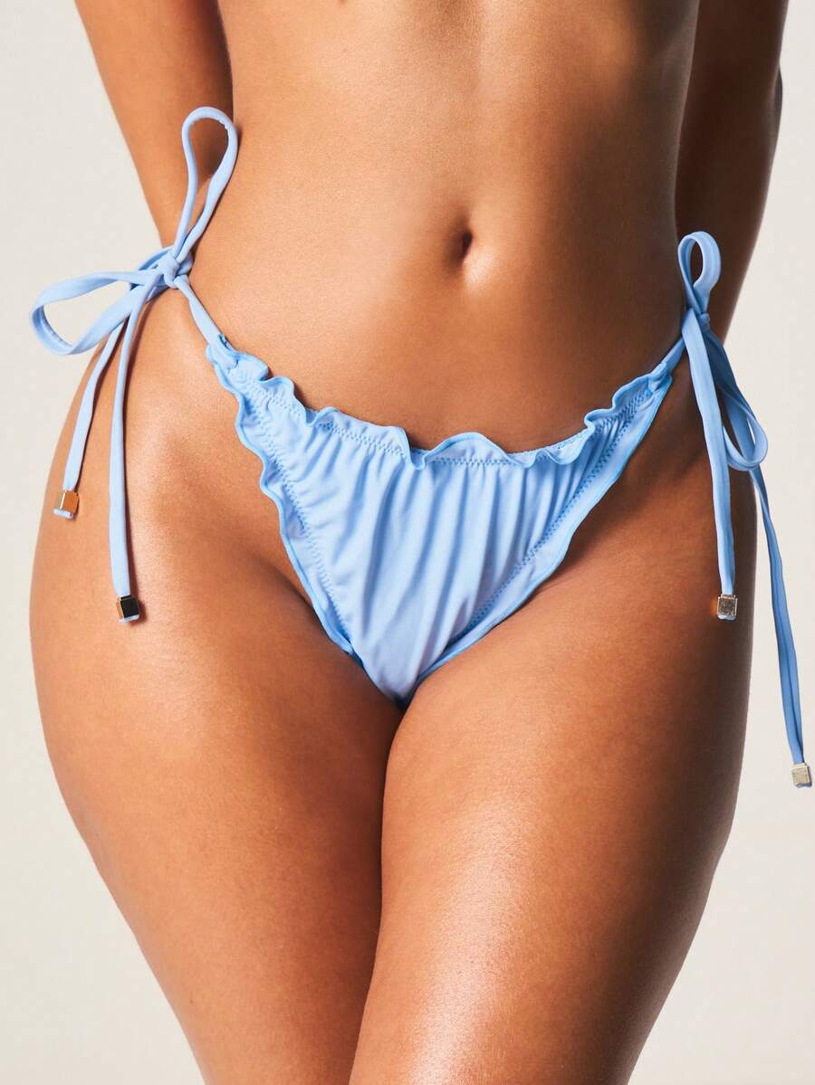 MISSGUIDED Ruffle Detail Side Tie String Bikini Bottom With Adjustable Coverage Summer Beach Swimwear - Blue - View 1