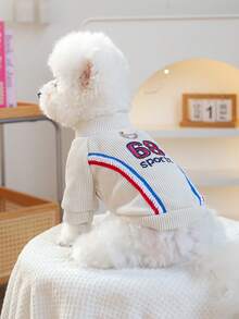 PETSIN 1件猫狗通用服装，“68 Sports”刺绣宠物运动服，撞色条纹圆领衫，带防滑D形环，春夏轻薄款 - 米色 - 查看 6