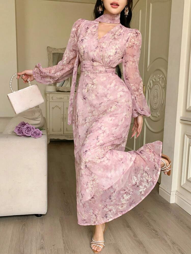 Spring & Summer Ditsy Floral Chiffon Dress With Tie Neck, Elegant For Weddings, Parties, Vacation, Beach, Suitable For Commuting Sundress