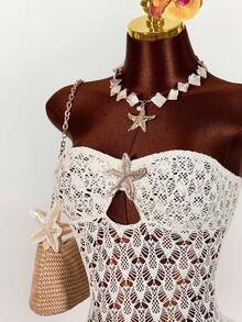 Amplova 女士钩针编织迷你连衣裙，饰有金属海星图案，性感透视，适合海滩度假 - 杏色 - 查看 4