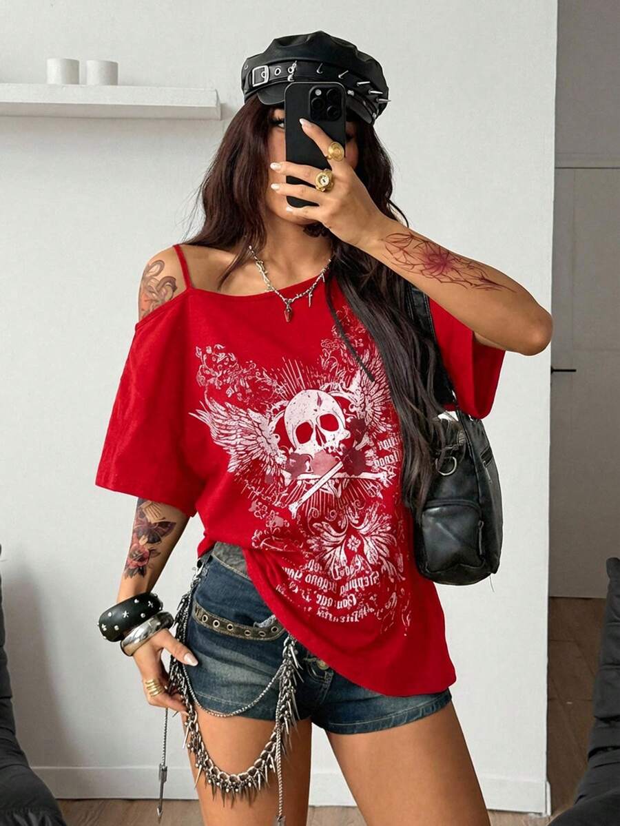 Coolane Women's Summer Streetwear Y2K Goth Skeleton Graphics Loose Red And White T-Shirt,Grunge Concert Top, Skull Clothing Red Graphic Tees - Red - View 1
