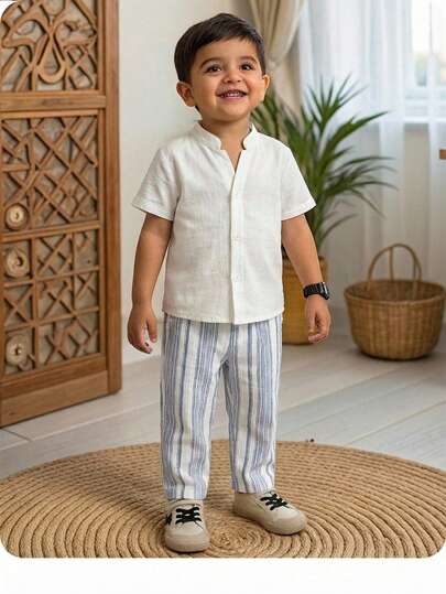 Babygirl Casual Minimalist White Short Sleeve Shirt & Elastic Waist Pants Set