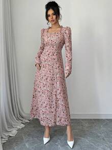 Modelyn 女士春夏梭织花卉印花长袖收腰A字优雅浪漫连衣裙 - 粉色 - 查看 6