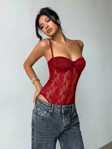 Aloruh Áo hai dây ren thắt nơ gợi cảm dành cho nữ, thích hợp mặc hàng ngày. - Đỏ - Xem 4