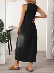 EMERY ROSE Đầm denim dài dáng rộng, không tay, cổ chữ U, dây đeo bản rộng, có túi, dành cho người có thân hình đầy đặn, thích hợp cho mùa hè. - màu đen - Xem 2