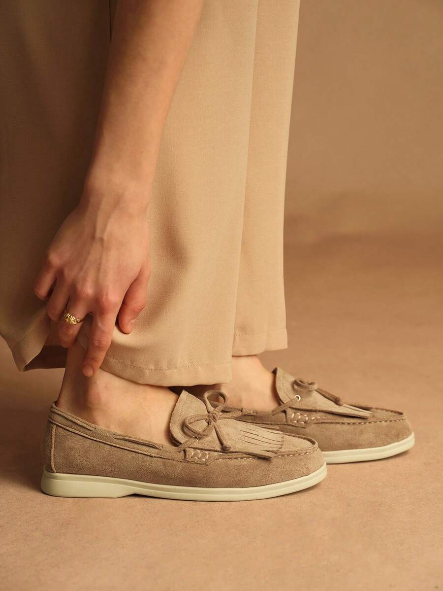 Rosivie Women's Comfortable Casual Round Toe Flat Slip-On Loafers, Khaki Knitted Moccasin Shoes, Fashionable And For Vacation Valentine's Day - Khaki - View 1