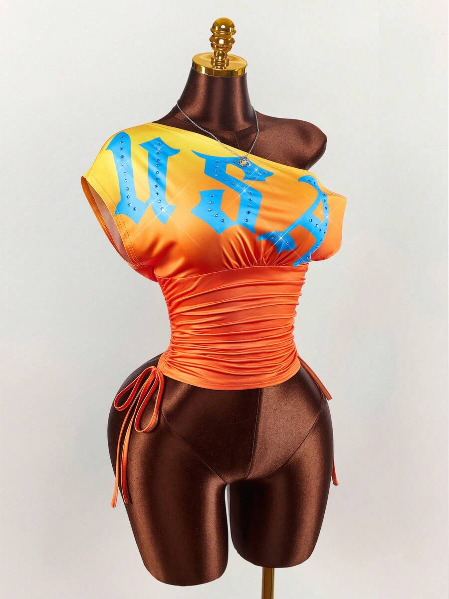 Amplova Damtröja med åtsittande midja, löst kontrasterande bokstavstryck, streetwear, sexig, asymmetrisk axel, mångsidig retroklassiker - Multifärgad - Visa 1