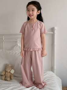 DAZY Young Girl Striped Round Neck Ruffle Trim Short Sleeve Top And Wide Leg Pants Casual Loungewear Set - Pink - View 3