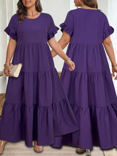 Vionelle Plus Size Women's Casual Elegant Loose Round Neck Short Sleeve Dress Ruffle Dresses For Women Women Purple Dress Tiered Dress Modest Summer Dress Violet Dress