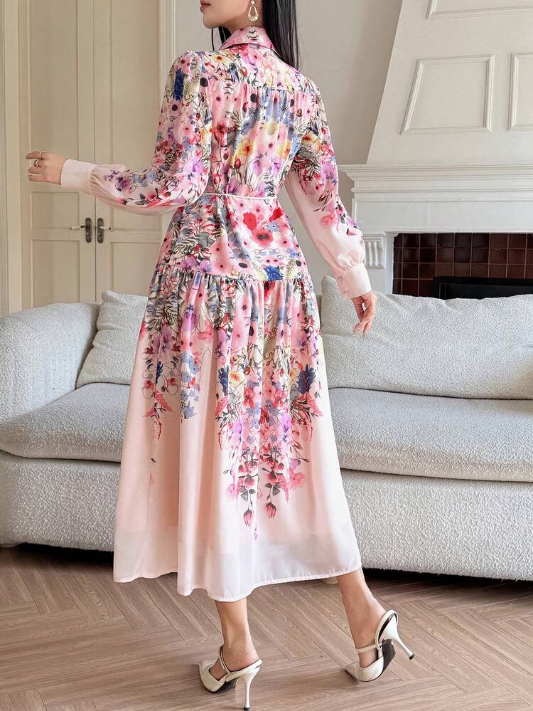 Printed Dress Women Lapel Long Sleeve High-End Waist Tie Dress Niche French Chiffon Fairy Dress Women Long Dress Sundress Floral Dresses For Women