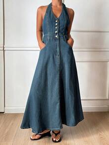 DAZY Western Cowgirl Halter A-Line Maxi Casual Denim Dress For Women, Spring/Autumn - Blue - View 4