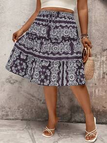 EMERY ROSE Plus Size Holiday Frill Trim Colorblock Drawstring Casual Skirt - Purple - View 4