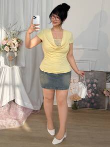SHEIN EZwear Plus Size Women Summer Casual Drape Neck Contrast Lace Ruffle Waist T-Shirt - Pale Yellow - View 3