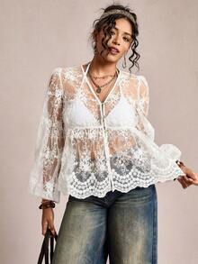 SHEIN LUNE 刺绣贝壳纽扣薄纱大码女式灯笼袖衬衫，适合嘉年华派对、海滩休闲、情人节等场合 - 白色 - 查看 6