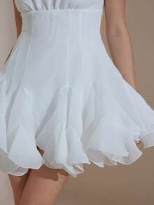 Revavyn Women's French Square Neck Textured Chiffon Patchwork Hem Dress, Suitable For Summer Parties, Beach Vacations And Daily Wear - White - View 4