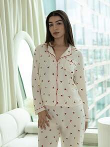 Andrea Bello Cherry Printed Sweet And Cute Pajamas Set For Autumn And Winter; Ladies' Sleepwear And Homewear With Long-Sleeved Button-Up Top And Pants, Fall Clothes - Apricot - View 4