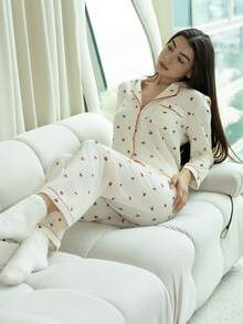 Andrea Bello Cherry Printed Sweet And Cute Pajamas Set For Autumn And Winter; Ladies' Sleepwear And Homewear With Long-Sleeved Button-Up Top And Pants, Fall Clothes - Apricot - View 5