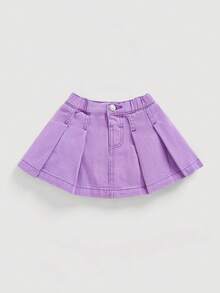 SHEIN Baby Girl Casual Washed Pleated Denim Mini Skirt, Summer - Purple - View 1