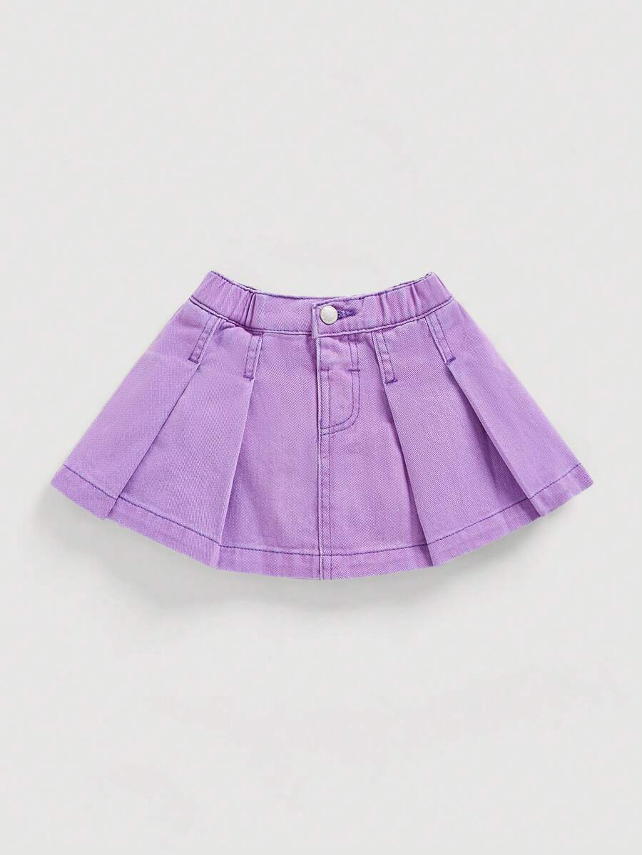 SHEIN Baby Girl Casual Washed Pleated Denim Mini Skirt, Summer - Purple - View 1