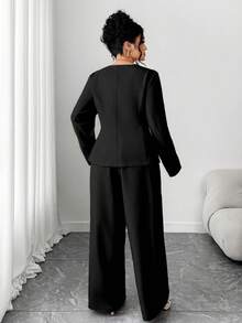 Elenzga Bộ đồ nữ cỡ lớn, quần dài dáng chữ A cài nút thắt nơ ở eo và áo khoác blazer màu đen, bộ váy áo công sở thường ngày, bộ đồ 2 mảnh cho nữ, bộ đồ nữ thanh lịch, bộ quần áo nữ sang trọng - màu đen - Xem 3