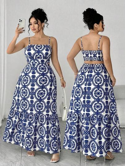 Elenzga Plus Size Women's Elegant Spaghetti Strap Ruched Waist A-Line Dress, Dual-Color Leaf Print, Flattering A-Line Silhouette, Slimming Design, Elegant & Sophisticated, Suitable For Back To School, Graduation, Valentine's Day, Music Festivals, Mother's Day, Halloween, Thanksgiving, Easter, National Day, Galas, Dates, Parties, Weddings, Outdoor Activities Long Skirt 2 Pieces Set Women's Matching Set Women's 2 Pieces Set Maxi Skirt Set Summer 2 Pieces Sets